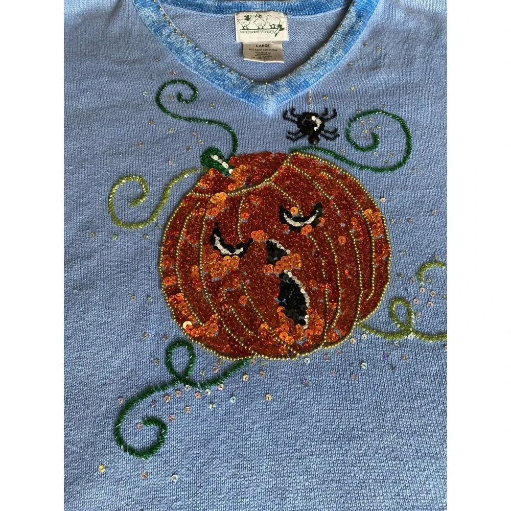 Sequin Beaded Pumpkin Fall Sweater Novelty Halloween Thanksgiving Vintage sku58